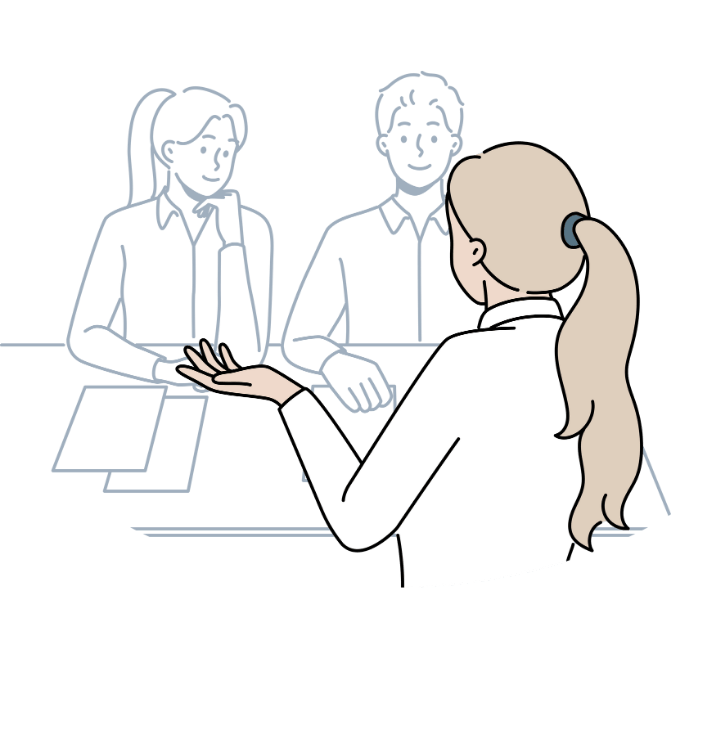 Stylizowana ilustracja przedstawia jasnowłosą kobietę w białej koszuli, siedzącą tyłem i gestykulującą do dwojga zarysowanych konturem osób (mężczyzny i kobiety)