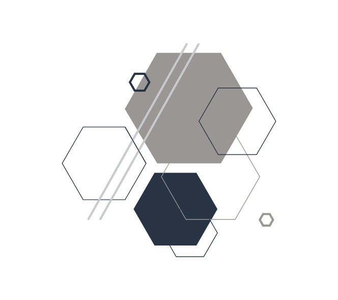 Abstrakcyjne tło w kolorze ciemnej zieleni z kompozycją geometryczną w prawym górnym rogu, składającą się z szarych, granatowych i obrysowanych sześciokątów oraz białych linii.
