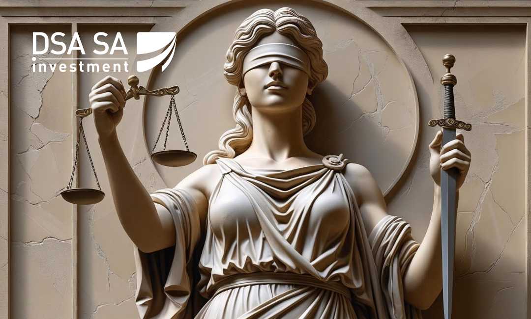 Statue of Lady Justice blindfolded, holding scales in one hand and a sword in the other, with the 'DSA SA investment' logo in the top-left corner.