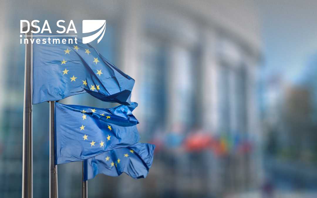 EU flags flutter outside a modern glass building with the DSA SA investment logo in the top-left corner.